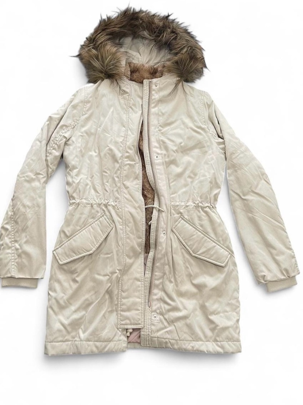 Abercrombie Cream Parka Coat with Faux Fur Hood